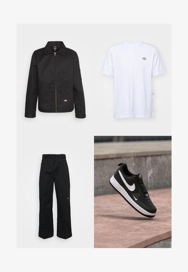 Veste noire zippée avec un col, dotée de deux poches avant et d'un petit logo sur le côté inférieur. Fabriquée en tissu résistant avec une texture lisse.; T-shirt en coton blanc avec un col en V et des manches courtes. Présente un petit logo coloré brodé sur la poitrine gauche. Texture douce.; Pantalon noir en tissu robuste, présentant une coupe droite, des passants pour ceinture et un petit logo sur le côté inférieur.; Baskets Nike Air Force 1 noir et blanc suspendues au-dessus d'une surface en béton rose avec un fond en pierre grise.