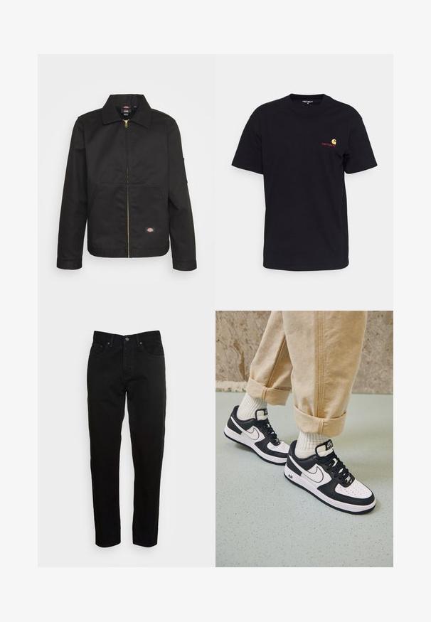 Veste noire zippée avec un col, dotée de deux poches avant et d'un petit logo sur le côté inférieur. Fabriquée en tissu résistant avec une texture lisse.; T-shirt en coton noir à manches courtes, col rond, avec un petit logo coloré sur la poitrine gauche. Coupe classique avec une texture lisse.; Jean slim noir avec fermeture à bouton à l'avant et design à cinq poches, présenté sur un fond gris clair uni.; Baskets Nike Air Force 1 en noir et blanc avec un dessus en cuir, orteil perforé et détail de semelle texturée, portées avec un pantalon beige retroussé et des chaussettes blanches.