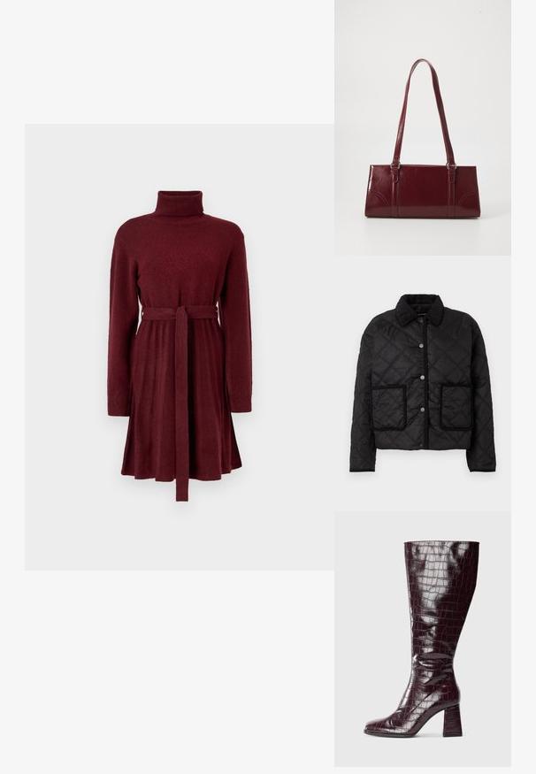 Schwarze gesteppte Jacke mit Druckknopfverschluss, zwei Fronttaschen mit kontrastierenden Kanten und einem gerippten Kragen.; Burgunderfarbendes langärmliges Strickkleid mit Rollkragen und Bindegürtel, das einen plissierten Rock und gerippte Bündchen an den Ärmeln aufweist.; Dunkelburgunderfarbene knielange Stiefel mit Krokodillederstruktur und Blockabsatz vor weißem Hintergrund, seitlich dargestellt.; Burgunderfarbene Handtasche aus glänzendem Material, rechteckige Form, mit zwei Schulterriemen und subtilen, geschwungenen Akzenten an der Vorderseite.