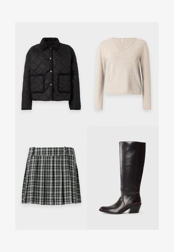 Schwarze gesteppte Jacke mit Druckknopfverschluss, zwei Fronttaschen mit kontrastierenden Kanten und einem gerippten Kragen.; Beiger V-Ausschnitt-Pullover aus weichem Strickstoff mit langen Ärmeln, lockerem Sitz und geripptem Saum. Strukturierte Oberfläche mit leichtem Glanz.; Schwarz-weißer karierter, gefalteter Rock mit einem glatten Bund und mehreren vertikalen Falten. Aus leichtem Stoff gefertigt.; Knöchelhigh, dunkelbraune Lederstiefel mit spitzem Zeh, eckigem Blockabsatz und glatter, glänzender Textur. Verfügt über ein klares Design und Steppnähte.