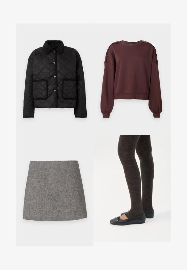 Sort quiltet jakke med trykknaplukning, to forlommer med kontrasterende kanter og ribbet krave.; Brun sweatshirt med lange ærmer, rund halsudskæring og tekstureret dekoration på skuldrene. Ribbet manchetter og kant. Blødt stof.; Skørt med sildebensmønster i gråt stof, med en tætsiddende silhuet, glat tekstur og en ren, lige kant.; Ben iført mørke ribbede leggings kombineret med sorte balletsko med små sløjfedetaljer på hvid baggrund.
