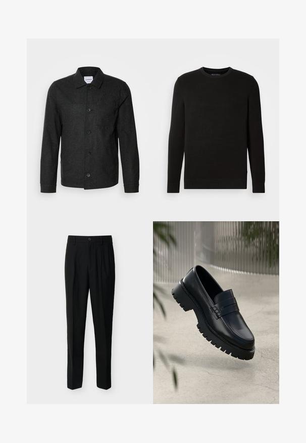 Lindbergh Lichte jas - black melange; Zwarte gebreide trui met ronde hals, lange mouwen, gestructureerde stof, geribde manchetten en zoom, met een klein logo op de borst.; Zwarte, op maat gemaakte, high-waist broek met riemlussen, plooien aan de voorkant, zijzakken en een knoop- en ritssluiting.; Zwarte leren instappers met een chunky loopzool, voorzien van een decoratieve band en stikseldetails. Gladde textuur met een gepolijste afwerking.