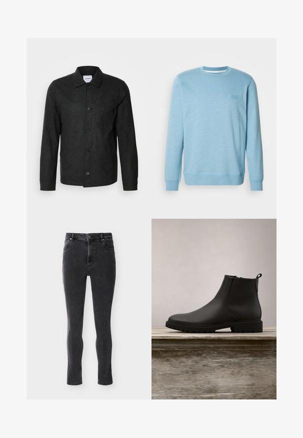 Lindbergh Lichte jas - black melange; Lichtblauwe sweatshirt van een katoenmix, voorzien van een ronde hals, lange mouwen, geribbelde manchetten en een subtiel textuurpatroon.; Zwarte high-waist skinny jeans met voor- en achterzakken, knoop- en ritssluiting, tentoongesteld op een vlakke ondergrond.; Zwarte leren enkellaars met een ronde neus, gestructureerde bovenkant en stoere rubberen zool. Voorzien van een treklipje aan de achterkant voor eenvoudig aan- en uittrekken.