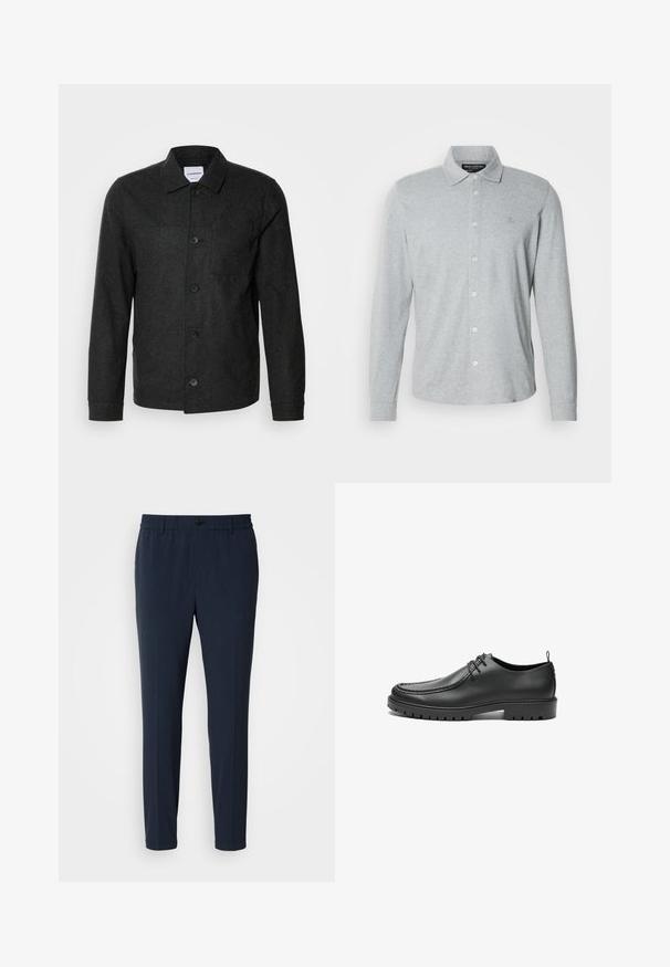 Lindbergh Leichte Jacke - black melange; Langärmliges graues Poloshirt aus weicher Baumwolle mit knöpfbarem Vorderteil, spitzem Kragen und dezentem Logo auf der Brust.; Marineblaue, gerade geschnittene Hose mit elastischem Bund, ausgestattet mit einem vorderen Knopfverschluss und einer glatten Stofftextur.; Schwarze Lederschuhe mit glatter Oberfläche, runder Zehenform und dekorativer Naht. Mit einer Gummisohle mit Traktionsrillen und Schnürdesign.