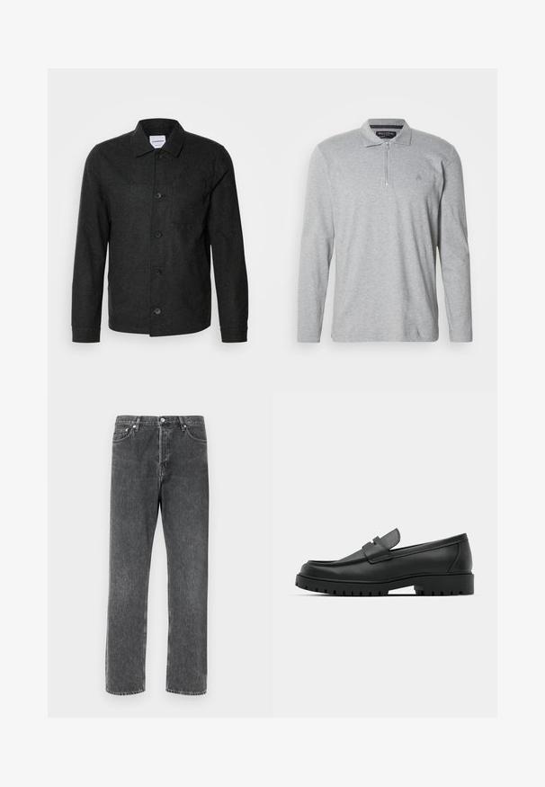 Lindbergh Suvejakk - black melange; Hallikas pikemakäise polosärk pehmest materjalist, millel on pool lukku, klassikaline krae ja väike logo rinnal.; Halli denim teksad, sirge lõikega, viie tasku, esipaneeli nööbiga sulgemise ning kontrastsete õmblustega külgedel.; Mustad musta nahast loafers, millel on ümar varvas, tikandiga disain, madal platvorm-soon ja tekstureeritud, soonikkummist välistald.