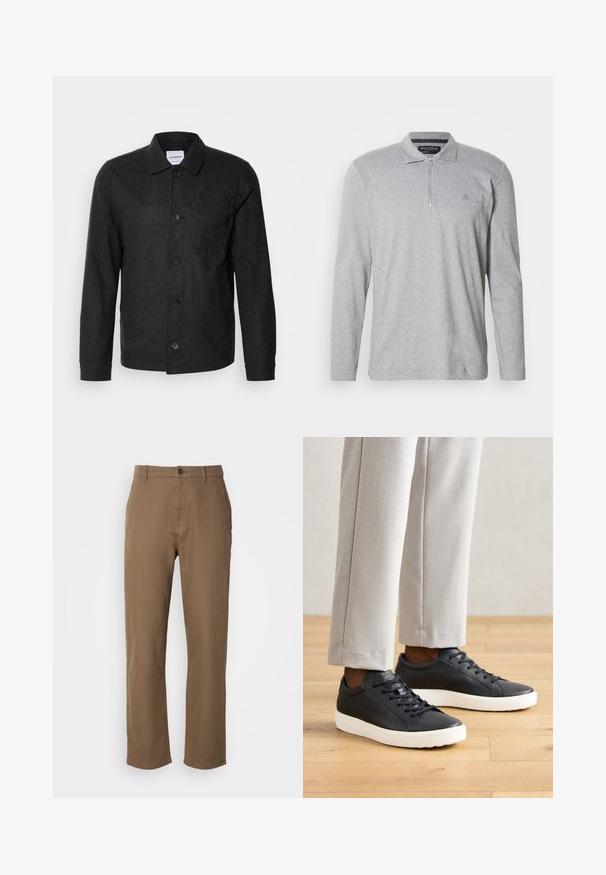 Lindbergh Lichte jas - black melange; Grijze polo met lange mouwen van zachte stof, voorzien van een halve ritssluiting, een klassieke kraag en een klein logo op de borst.; Bruine katoenen broek met een rechte pasvorm, knoopsluiting en zijzakken. Heeft een gladde textuur en een eenvoudig, onopgesmukt ontwerp.; Zwarte leren sneakers met een gestructureerd oppervlak, witte rubberen zool, platte veters, gecombineerd met lichtgrijze op maat gemaakte broek.