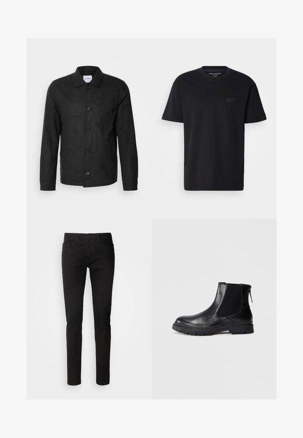 Lindbergh Lichte jas - black melange; Zwarte katoenen t-shirt met korte mouwen, een ronde hals en een gestructureerde, zwarte logosticker op de borst. Glad, lichtgewicht stof.; Zwarte denim jeans met een slim fit, vijf-pocket ontwerp, ritssluiting en een schone, gladde textuur. Standaard tailleband met riemlussen.; Zwarte leren enkelboot met een gladde afwerking, elastische mesh zijkanten en een robuuste zool met een zichtbaar profiel.
