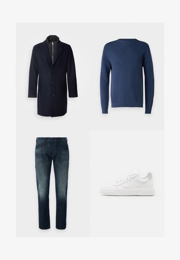 Marineblå uldblandingsfrakke med klapkrave, fem knapper foran, sidelommer og et sort isoleret indlæg. Mellemlang design.; Mørkeblå strikket sweater med rund hals, lange ærmer, ribbede manchetter og kant. Stoffet har et tekstureret mønster.; Mørkeblå lige ben denim jeans med let fading på lårene og knæene, frontknap og lynlås lukning, samt fem-lomme stil.; Hvide lædersneakers med en glat finish, rund tå, flade snørebånd og en struktureret sål. Grå ruskindsdetalje ved hælen.