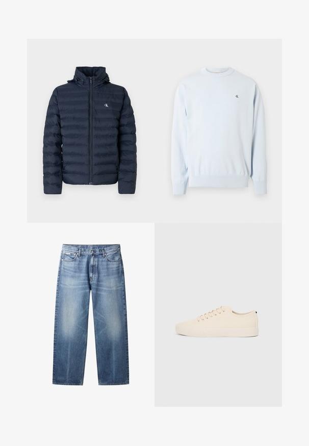 Veste matelassée bleu marine avec un design matelassé, fermeture éclair complète et capuche. Elle présente un petit logo sur la poitrine et un tissu texturé.; Pull à manches longues bleu clair avec col ras du cou, poignets et ourlet côtelés, arborant un petit logo noir "CK" sur le côté gauche de la poitrine.; Jean bleu clair à coupe droite avec zones délavées, cinq poches, fermeture par bouton et étiquette Calvin Klein sur la poche avant droite.; Baskets en toile beige avec bout arrondi, semelle en caoutchouc plate et lacets à l'avant. Présente un design minimaliste et un accent noir contrastant au niveau du talon.