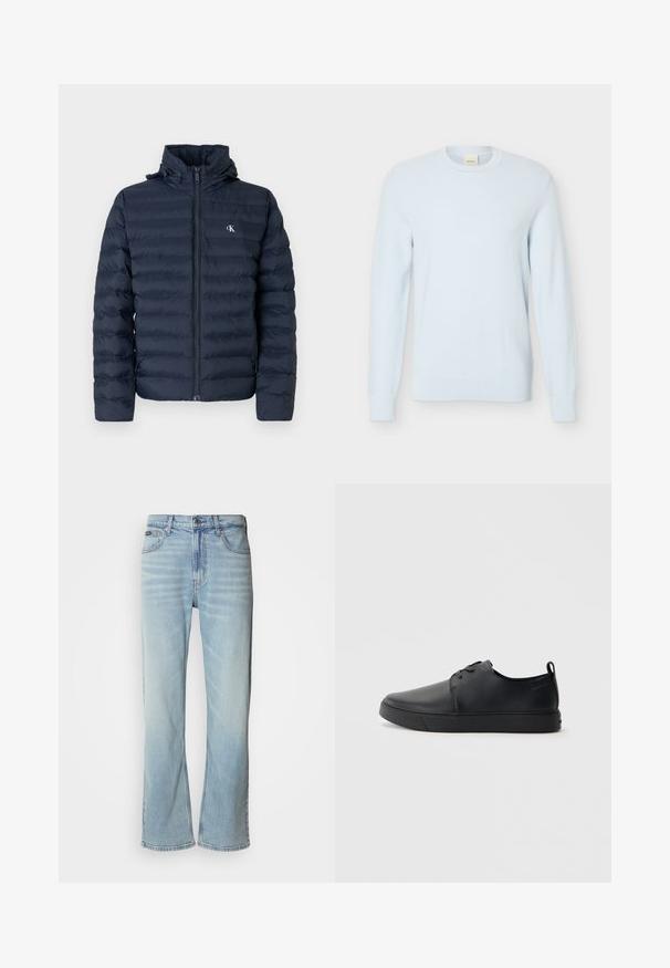 Veste matelassée bleu marine avec un design matelassé, fermeture éclair complète et capuche. Elle présente un petit logo sur la poitrine et un tissu texturé.; Pull en maille bleu clair à manches longues avec encolure ronde et motif texturé, présenté sur un fond blanc uni.; Jeans en denim bleu clair avec une coupe droite, dotés de cinq poches, d'une fermeture à bouton et d'une légère décoloration sur le tissu.; Baskets en cuir noir avec une finition lisse, bout arrondi, coutures ton sur ton, devant à lacets et semelle plate en caoutchouc. Anse au talon.
