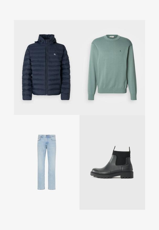 Veste matelassée bleu marine avec un design matelassé, fermeture éclair complète et capuche. Elle présente un petit logo sur la poitrine et un tissu texturé.; Pull vert clair en maille avec un col rond, des manches longues et des poignets côtelés. Il présente un petit logo sur la poitrine. La texture semble douce.; Jean denim bleu clair coupe droite avec bouton sur le devant, fermeture éclair et design cinq poches, présenté sur fond blanc.; Bottines noires en caoutchouc avec une finition mate, présentant un design épuré, des panneaux élastiques et une semelle épaisse pour une meilleure traction.