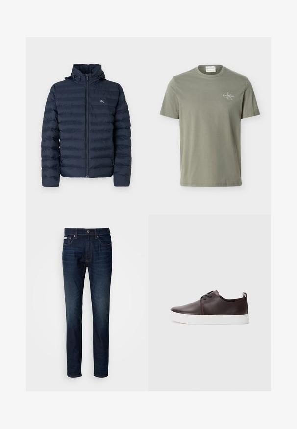 Veste matelassée bleu marine avec un design matelassé, fermeture éclair complète et capuche. Elle présente un petit logo sur la poitrine et un tissu texturé.; T-shirt vert olive clair à manches courtes avec col rond et petit logo blanc Calvin Klein sur le côté gauche de la poitrine.; Jean en denim bleu foncé avec une coupe droite, doté d'une fermeture éclair, d'un bouton et de poches avant/arrière. Décoloration subtile au niveau des cuisses.; Baskets en cuir marron avec une finition lisse, semelle en caoutchouc blanche, bout rond et design à lacets. Comprend une languette au niveau du talon.