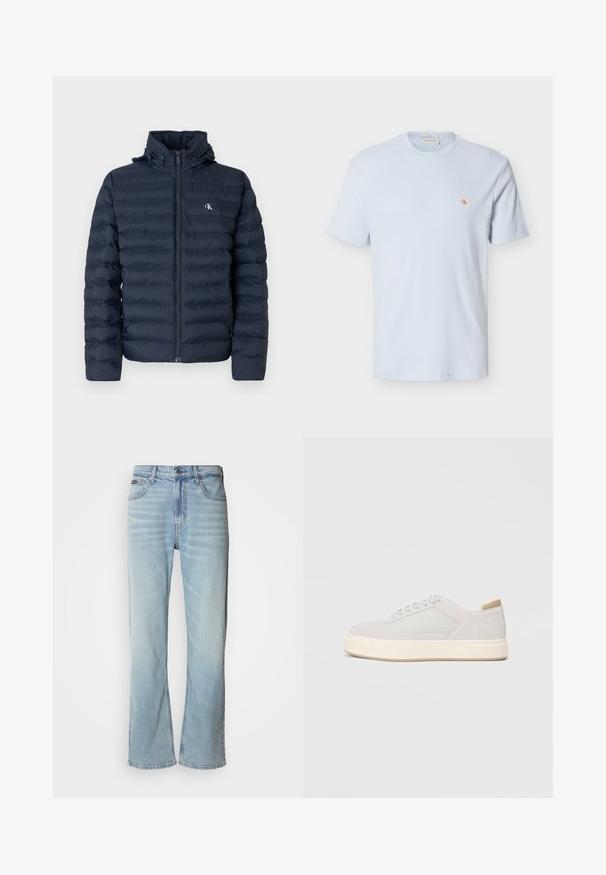 Veste matelassée bleu marine avec un design matelassé, fermeture éclair complète et capuche. Elle présente un petit logo sur la poitrine et un tissu texturé.; T-shirt bleu clair à manches courtes en tricot gaufré avec col rond et petit patch rouge "CK" sur la poitrine gauche.; Jeans en denim bleu clair avec une coupe droite, dotés de cinq poches, d'une fermeture à bouton et d'une légère décoloration sur le tissu.; Baskets gris clair avec une tige synthétique lisse, un bout rond et une semelle intermédiaire texturée couleur crème. Accents beige clair au niveau du talon.