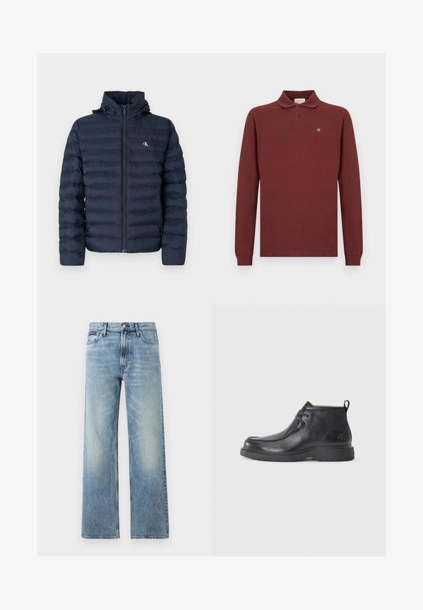 Veste matelassée bleu marine avec un design matelassé, fermeture éclair complète et capuche. Elle présente un petit logo sur la poitrine et un tissu texturé.; Polo-shirt à manches longues bordeaux en coton, arborant un col classique, une patte de boutonnage à trois boutons et un petit logo brodé sur la poitrine.; Jean droit en denim bleu clair avec taille haute, cinq poches, fermeture à boutons et léger délavage sur les cuisses et les genoux.; Bottes noires en cuir à talon arrondi, avec un design à lacets et une languette à l'arrière. Tige texturée et semelle en caoutchouc.
