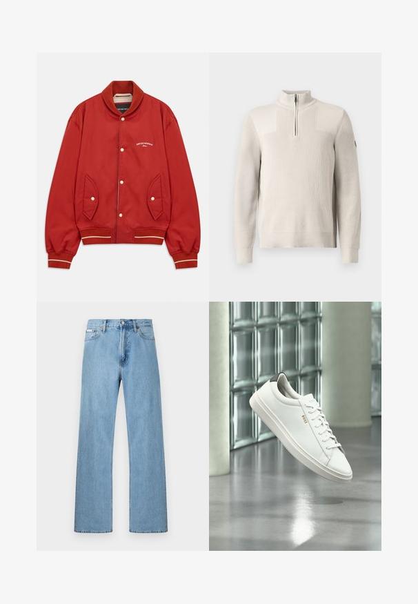 Rote Bomberjacke mit Knopfleiste, geripptem Kragen und Bündchen, seitlichen Taschen und weißem Emporio Armani Milano-Logo auf der Brust.; Hellbeige gestrickter Pullover mit einem Viertelreißverschluss, geripptem Kragen, Bündchen und Saum, mit einem kleinen Patch am linken Ärmel.; Hellblaue gerade geschnittene Jeans im Five-Pocket-Design mit Knopfverschluss an der Taille, präsentiert vor einem schlichten Hintergrund.; Weißer Leder-Low-Top-Sneaker mit Schnürsenkeln, schwarzer Fersenschlaufe und „BOSS“-Logo, der drinnen nahe einer Glassteinwand und einem polierten Boden schwebt.
