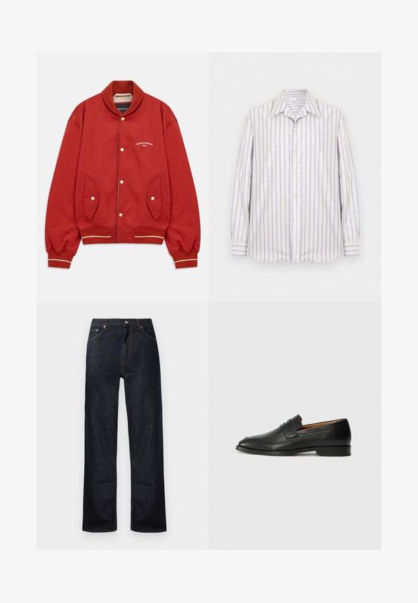 Chaqueta bomber roja con cierre de botones, cuello y puños acanalados, bolsillos laterales y logo blanco de Emporio Armani Milano en el pecho.; Camisa de manga larga con botones, con rayas verticales en beige, blanco y azul claro, cuello puntiagudo y puños abotonados.; Jeans de mezclilla azul oscuro con diseño de pierna recta, cinco bolsillos y detalle de costura en color naranja. Cierre de botón metálico y cremallera.; Mocasín de cuero negro con punta redonda, detalles de costura sutil y un tacón bajo, que presenta una textura suave y un diseño minimalista.