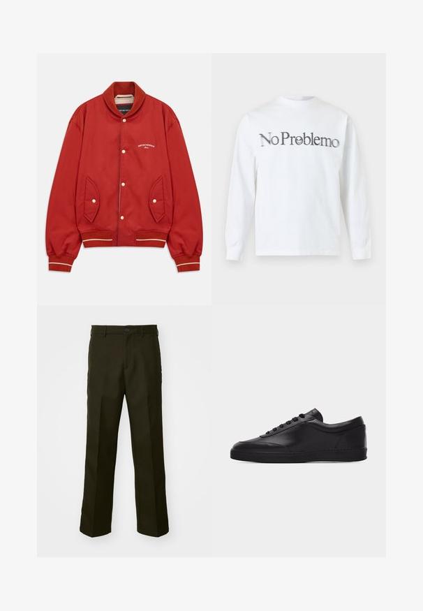 Červená bomber bunda s predným zapínaním na gombíky, rebrovaným golierom a manžetami, bočnými vreckami a bielym logom Emporio Armani Milano na hrudi.; Biela košeľa s dlhým rukávom s čiernym nápisom "No Problemo" cez hruď, s malým usmievavým tvárou v písmene "o".; The Kooples PANTALON - Nohavice - kaki; Čierna nízka kožená teniska so šnurovaním vpredu a plochou gumovou podrážkou, zobrazená z boku na jednoliatom bielom pozadí.