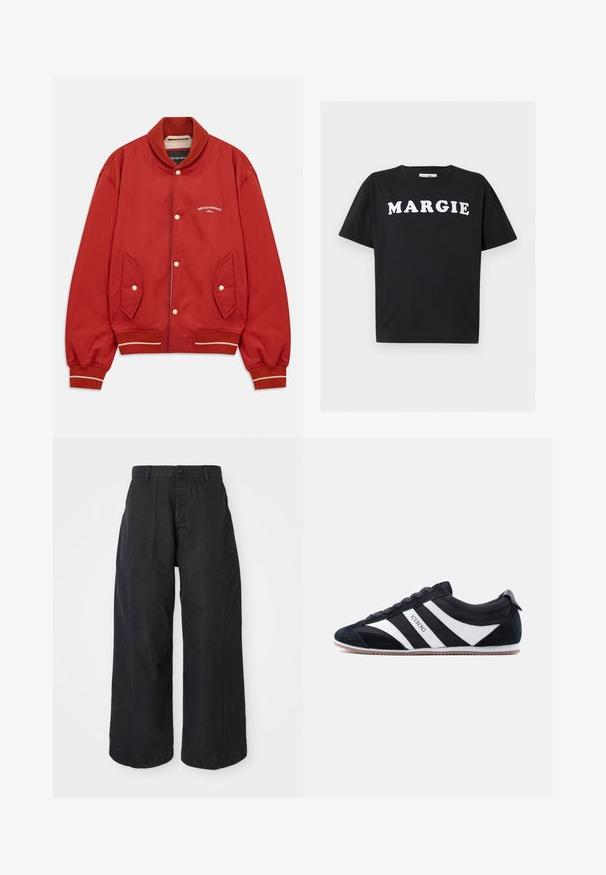 Rød bomberjakke med knaplukning, ribbet krave og mansjetter, sidelommer og hvidt Emporio Armani Milano-logo på brystet.; Sort kortærmet t-shirt med rund hals og hvid fed tekst "MARGIE" på brystet på en ensfarvet baggrund.; Sorte bukser med vid ben, lavet af canvasmateriale med knaplukning, der har to frontlommer og en afslappet pasform.; Sort lav sneakers med hvide sidelstriber, ruskind på tæerne og "ICEBERG" trykt på midterstriben, flad gummisål, snørelukning.