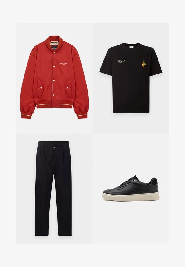 Červená bomber bunda s predným zapínaním na gombíky, rebrovaným golierom a manžetami, bočnými vreckami a bielym logom Emporio Armani Milano na hrudi.; Čierne tričko s okrúhlym výstrihom s bielym textom "Filling Pieces 'Baking Bread'" na ľavej strane hrudníka a malými vyšívanými žltými a zelenými chilli papričkami na pravej strane hrudníka.; Čierne bavlnené nohavice so striha so rovnými nohavicami, prednými skladmi, bočnými vreckami a zapínaním na zips. S textúrovaným povrchom látky.; Čierne kožené tenisky s nízkym profilom, s krémovou gumovou podrážkou, okrúhlou špičkou a šnurovacím dizajnom, doplnené čiernym semišovým opätkom.
