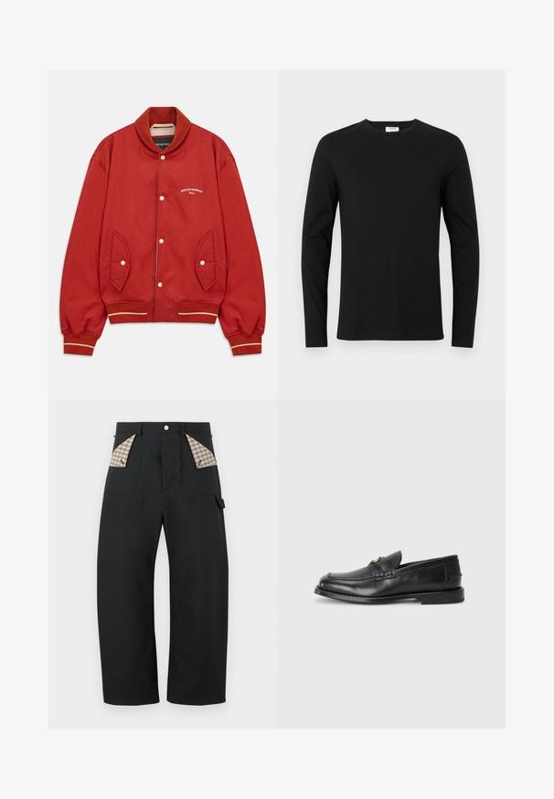 Punainen bomber-takki, jossa on nappisuljenta, ribatoitu kaulus ja hihansuut, sivutaskut sekä valkoinen Emporio Armani Milano -logo rinnassa.; Musta pitkähihais T-paita, valmistettu puuvillasta, jossa on pyöreä pääntie ja yksinkertainen muotoilu ilman näkyviä kuvioita tai koristeluja.; Mustat leveälahkeiset housut korkealla vyötäröllä, etutaskut, jotka on vuorattu beigeruudullisella kankaalla, nappisuljenta ja pieni lenkkit detalji oikealla puolella.; Mustat nahkaiset loaferit, joissa on pyöreä varvas, tikatut yksityiskohdat ja pieni kultainen yksityiskohta edessä. Pohja on litteä ja huomaamaton.