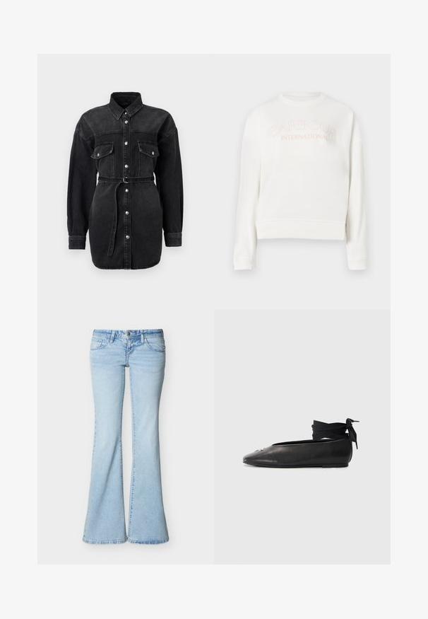 Schwarzes Denim-Hemdkleid mit langen Ärmeln, zwei Brusttaschen, Knopfleiste vorne und passendem Gürtel in der Taille.; Weißer Sweatshirt aus weichem Material, mit Rundhalsausschnitt, langen Ärmeln und Logo "Barbour International" in Hellrosa.; Hellblaue Jeans aus Denim mit hoher Taille, Knopf- und Reißverschluss, vorderen und hinteren Taschen sowie ausgestellten, weiten Hosenbeinen.; Schwarze Leder-Ballerinas mit spitzem Zehenbereich, ausgestattet mit einem gewebten Stoff-Ankle-Tie und einem kleinen dekorativen Akzent auf der Zehe.