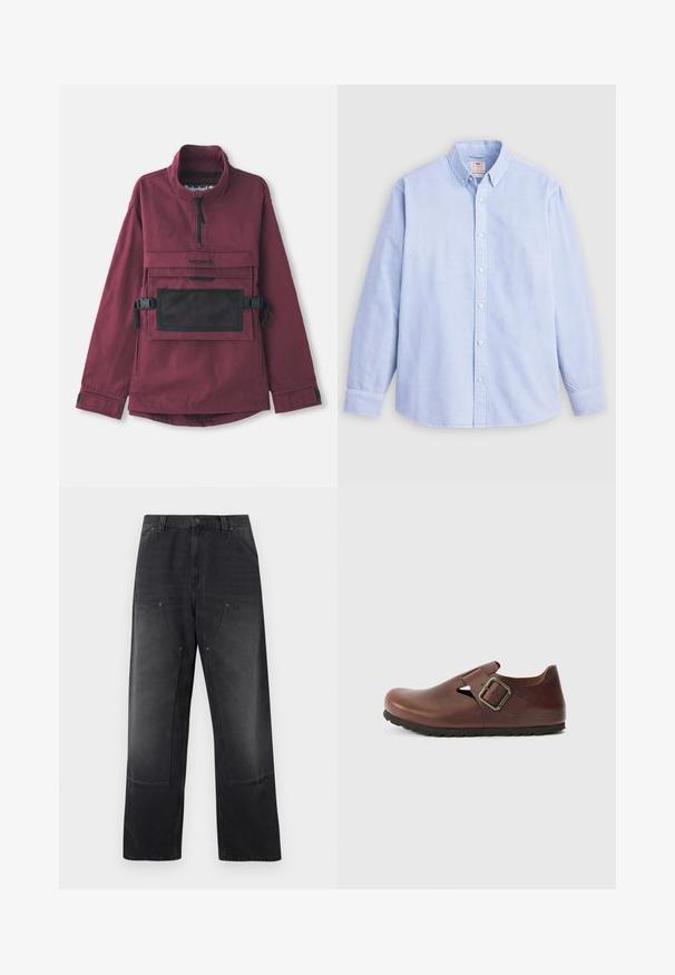 Burgunderfarbener Pullover-Jacke mit hohem Kragen, schwarzer Netzschultertasche, verstellbaren schwarzen Trägern und elastischen Bündchen. Strapazierfähige Stoffstruktur.; Helles blaues langärmeliges Hemd mit Knopfverschluss aus Baumwolle, das einen klassischen Kragen und dezente Markenstickerei auf der linken Brust trägt.; Schwarze Jeans mit weitem Bein, vorderen aufgesetzten Taschen, Gürtelschlaufen sowie Knopf- und Reißverschluss.; Brauner Slipper aus Leder mit abgerundeter Spitze, seitlicher Schnalle und Ausschnitt-Design; strukturierte Oberseite und Gummisohle für besseren Halt.