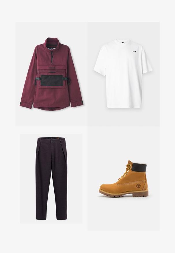 Burgunderfarbener Pullover-Jacke mit hohem Kragen, schwarzer Netzschultertasche, verstellbaren schwarzen Trägern und elastischen Bündchen. Strapazierfähige Stoffstruktur.; Weißes Baumwoll-T-Shirt mit kurzen Ärmeln und V-Ausschnitt, mit einem kleinen schwarzen Logo auf der oberen linken Seite. Weiche Textur, lockere Passform.; Dunkelgraue, maßgeschneiderte Hose mit Gürtelschlaufen, vorderen Falten und geradem Bein.; Braune Leder-Ankle-Boots mit Metallösen, weißem Kunstfellfutter, schwarzem gepolstertem Kragen, robustem Sohlenprofil und geprägtem Logo an der Seite.
