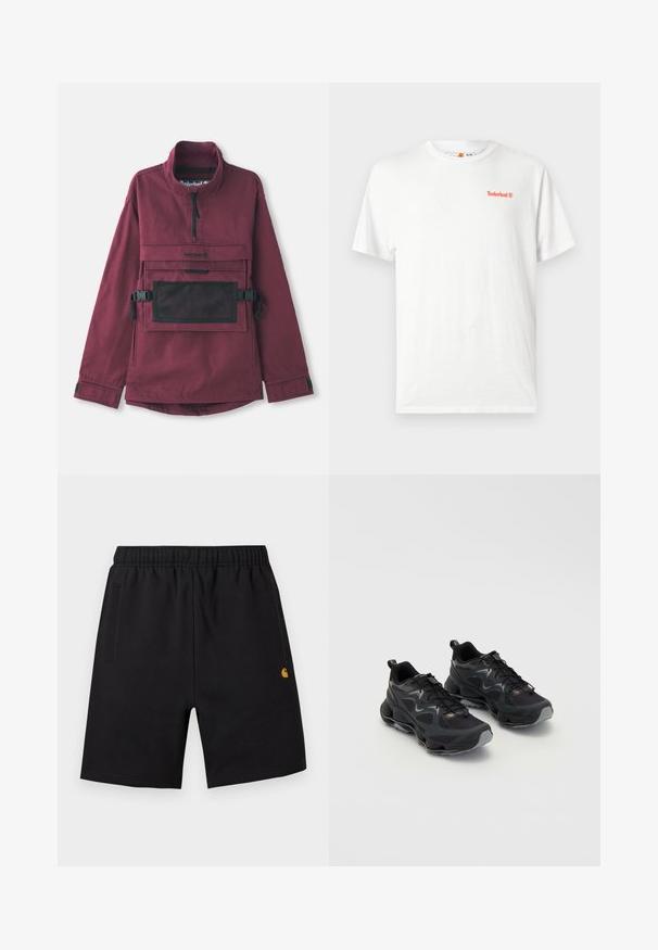 Bordeaux pulloverjakke med høj krave, lomme i sort mesh på brystet, justerbare sorte stropper og elastiske manchetter. Holdbart stof.; Hvid T-shirt med korte ærmer og rund hals samt lille orange Timberland-logo på venstre bryst, vist på ensfarvet lys baggrund.; Sorte shorts til knæet med elastisk talje, sidelommer og lille gult logo på den nederste højre ben.; Sorte sportssko med en tekstureret mesh-overdel, der har en kraftig sål, snørebåndslukning og diskrete grå accenter.