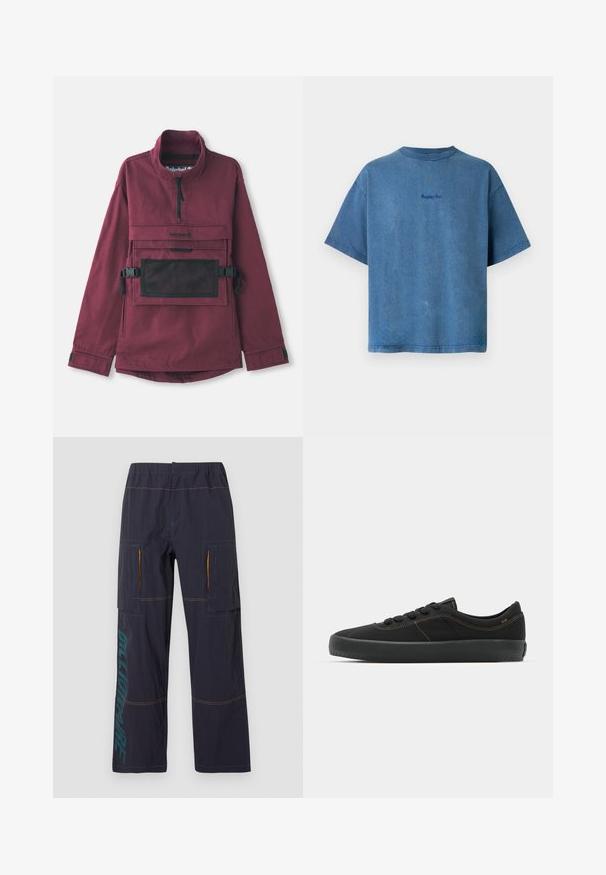 Bordeaux pulloverjakke med høj krave, lomme i sort mesh på brystet, justerbare sorte stropper og elastiske manchetter. Holdbart stof.; Blå bomulds t-shirt med korte ærmer, en rund halsudskæring og et lille "Replay Inc." logo i sort på ryggen. Glat tekstur.; Marineblå cargobukser med elastisk taljebånd, sidelommer med klapper og orange foring samt turkis "DELL'ORTO" tekst på venstre ben.; Sort sneaker med en glat tekstiloverdel, kontrasterende brune syninger, rund tå, snørebåndslukning og en tyk gummi-sål for bedre traction.