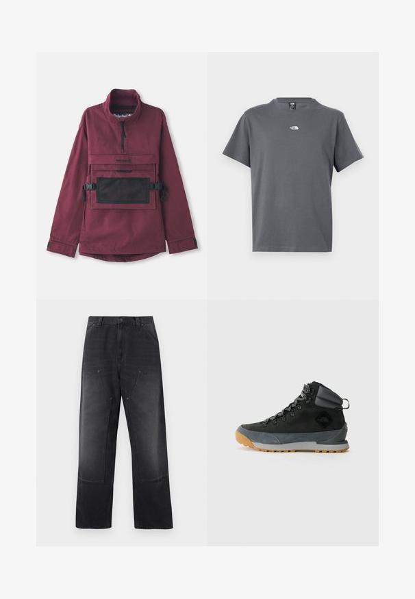 Chaqueta de pullover burdeos con cuello alto, bolsillo de malla negra en el pecho, correas negras ajustables y puños elásticos. Textura de tela duradera.; Camiseta gris de manga corta y cuello redondo con un pequeño logo blanco de The North Face centrado en el pecho.; Jeans negros de pierna ancha con bolsillos delanteros de parche, trabillas para cinturón y cierre de botón más cremallera.; Botas de senderismo negras de caña alta, hechas de ante texturizado y materiales sintéticos, con acentos grises, suela de goma robusta y cordones grises.