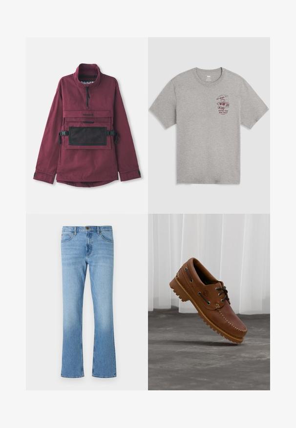 Bordeaux pulloverjakke med høj krave, lomme i sort mesh på brystet, justerbare sorte stropper og elastiske manchetter. Holdbart stof.; Lysegrå T-shirt med rund hals, med lille vinrød grafik af en brødrister under en paraply og teksten "Keeping them buns toasty since 1873" på venstre bryst.; Lyseblå denimjeans med lige ben, forreste knap og fem lommer, vist på en ensfarvet hvid baggrund.; Brun læder bådsko med sorte snørebånd, beige syninger og en robust sål, hængende over en grå betongulv.