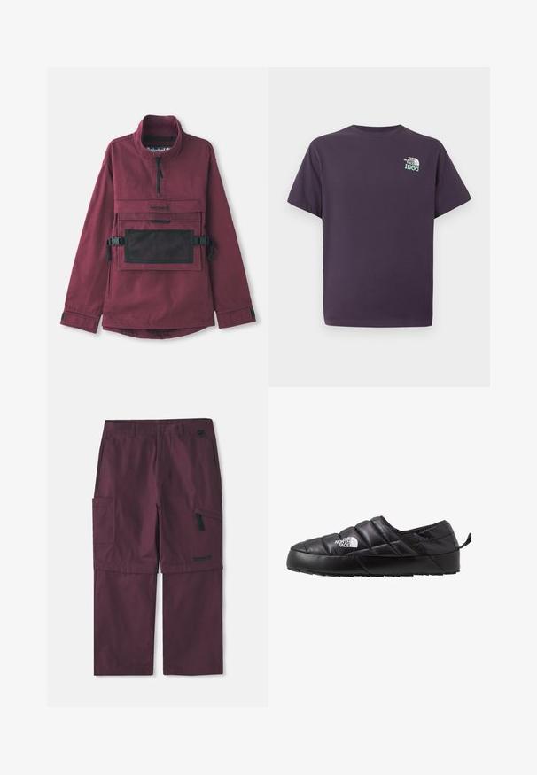 Burgunderfarbener Pullover-Jacke mit hohem Kragen, schwarzer Netzschultertasche, verstellbaren schwarzen Trägern und elastischen Bündchen. Strapazierfähige Stoffstruktur.; Dunkellila Kurzarm-T-Shirt mit kleinem weißem und türkisfarbenem "The North Face 1966"-Logo auf der linken Brust.; Burgunderfarbene Cargo-Hose, wandelbar, mit seitlichem Reißverschlussfach und Timberland-Logo am rechten Bein, mit verlängertem Innenbein.; Schwarzer Slipper mit gestepptem Design, aus gepolstertem Material gefertigt. Verfügt über eine strukturierten Gummisohle und eine kleine Lasche hinten.