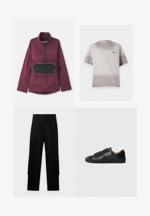 Burgunderfarbener Pullover-Jacke mit hohem Kragen, schwarzer Netzschultertasche, verstellbaren schwarzen Trägern und elastischen Bündchen. Strapazierfähige Stoffstruktur.; Hellgraues T-Shirt mit kurzen Ärmeln und dunklerem grauem Farbverlauf oben und unten, kleines schwarzes Textlogo auf der linken Brust.; Schwarze Cargo-Hose mit geradem Bein, Gürtelschlaufen, vorderem Knopf, Reißverschluss und Klappentaschen an jedem Oberschenkel.; Schwarze Leder-Sneaker mit glatter Textur, runder Zehenpartie und Schnürverschluss. Verfügt über eine dicke Gummisohle und minimalistische Marken-Details.