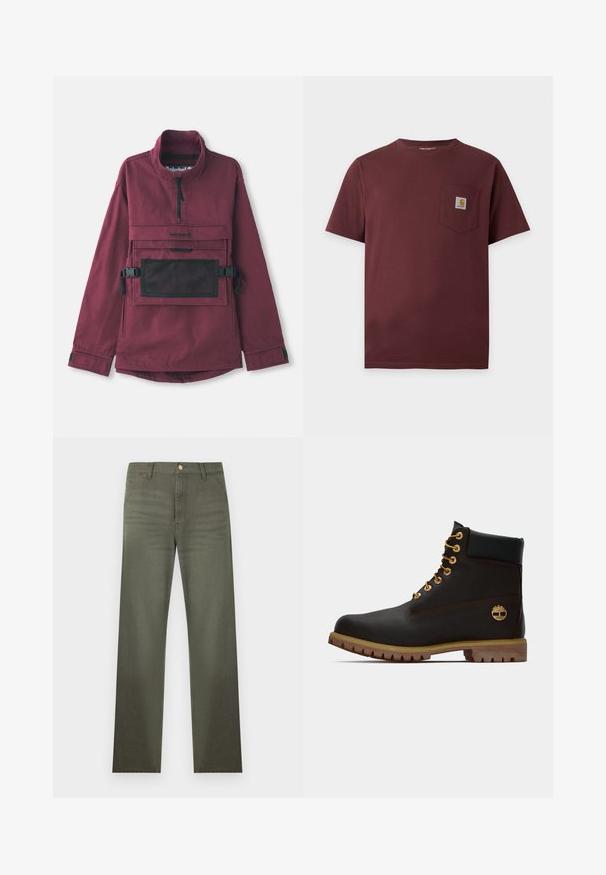 Bordeaux pullover jack met een hoge kraag, zwarte mesh pocket op de borst, verstelbare zwarte banden en elastische manchetten. Duurzame stofstructuur.; Donkerbruin T-shirt met korte mouwen en een borstzakje met een klein Carhartt-logo.; Olijfgroene broek met rechte pijpen, riemlussen, voorzakken en een knoopsluiting in de taille.; Zwarte leren enkellaars met gouden oogjes, bruine accenten en een rubberen zool. Heeft een gevoerde kraag en geperst logo aan de zijkant.