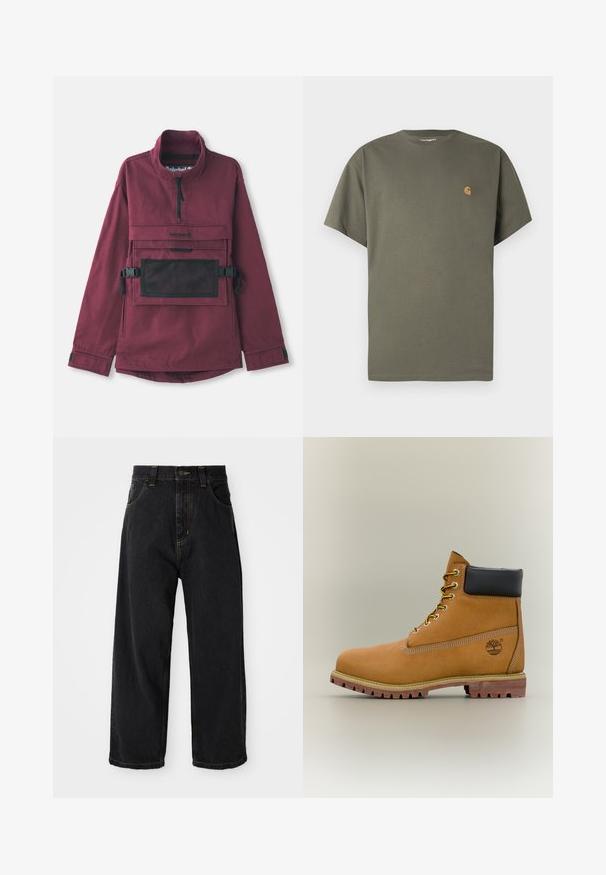 Bordeaux pulloverjakke med høj krave, lomme i sort mesh på brystet, justerbare sorte stropper og elastiske manchetter. Holdbart stof.; Olivengrøn T-shirt med rund hals og korte ærmer, lavet af bomuld, med en lille orange logo på venstre bryst.; Sorte denim jeans med vide ben og høj talje, frontknap, lynlås samt gule syninger på lommer og sømme.; Brun læderankelstøvle med sort krave, gule snørebånd og tanfarvet sål. Har logo og hvide syninger som detalje. Robust ydersål med greb.