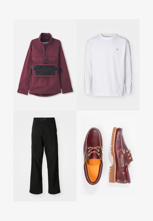 Bordeaux pullover jack met een hoge kraag, zwarte mesh pocket op de borst, verstelbare zwarte banden en elastische manchetten. Duurzame stofstructuur.; Witte lange mouwen t-shirt van katoen. Voorzien van een klein gouden logo op de borst en een ronde hals. Eenvoudig ontwerp en standaard pasvorm.; Zwarte rechte jeans met knoopsluiting, riemlussen en voorzakken op een effen witte achtergrond.; Bordeaux leren schoenen met bruine rubberen zolen, ronde neus, witte stiksels en gouden veterogen. Het interieur heeft een gele voering.