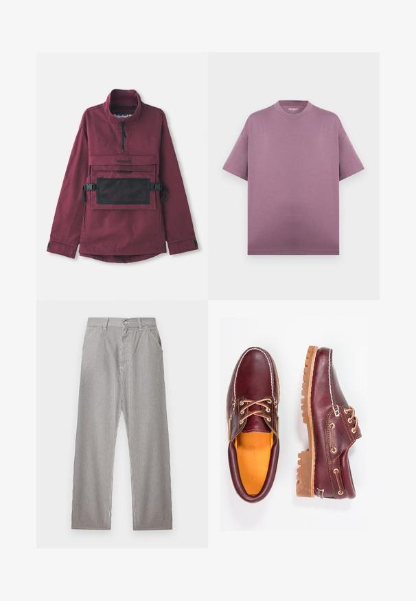 Burgunderfarbener Pullover-Jacke mit hohem Kragen, schwarzer Netzschultertasche, verstellbaren schwarzen Trägern und elastischen Bündchen. Strapazierfähige Stoffstruktur.; Kurzärmeliges oversized T-Shirt mit Rundhalsausschnitt in gedämpftem Mauve, ohne sichtbare Grafiken oder Muster, vor einfachem Hintergrund.; Herren-Hosen mit vertikalen schwarzen und weißen Nadelstreifen, vorderer Knopfverschluss, Gürtelschlaufen und Seitentaschen.; Bordeauxfarbene Lederschuhe mit braunen Gummisohlen, runder Zehenform, weißen Nähten und goldenen Ösen. Das Innenfutter weist eine gelbe Beschichtung auf.