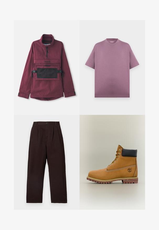 Burgunderfarbener Pullover-Jacke mit hohem Kragen, schwarzer Netzschultertasche, verstellbaren schwarzen Trägern und elastischen Bündchen. Strapazierfähige Stoffstruktur.; Kurzärmeliges oversized T-Shirt mit Rundhalsausschnitt in gedämpftem Mauve, ohne sichtbare Grafiken oder Muster, vor einfachem Hintergrund.; Dunkelbraune, plissierte Hose mit Knopfverschluss, gefertigt aus weicher Baumwolle. Verfügt über gerade Beine und eine subtile Textur.; Brauner Leder-Stiefelette mit schwarzem Kragen, gelben Schnürsenkeln und hellbrauner Sohle. Verfügt über ein Logo und weiße Ziernähe. Robuste Profilsohle.