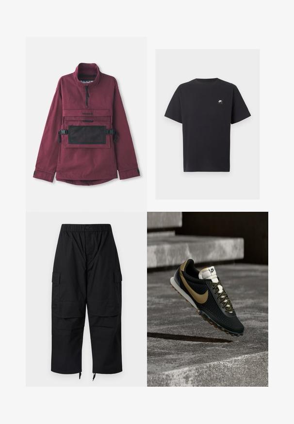 Bordeaux pulloverjakke med høj krave, lomme i sort mesh på brystet, justerbare sorte stropper og elastiske manchetter. Holdbart stof.; Sort Nike Air T-shirt med korte ærmer, rund halsudskæring og lille hvidt logo på venstre bryst.; Sorte cargobukser med elastisk talje, flere lommer og lynlåse ved anklerne, med et afslappet, løstsiddende design.; Sort og guld Nike løbesko med tekstureret overdel og mønstret snøre, der svæver over ru betongulv og trin.