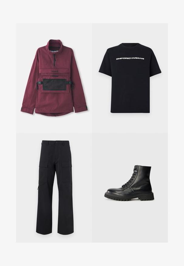 Burgunderfarbener Pullover-Jacke mit hohem Kragen, schwarzer Netzschultertasche, verstellbaren schwarzen Trägern und elastischen Bündchen. Strapazierfähige Stoffstruktur.; Schwarzes T-Shirt mit kurzen Ärmeln und Rundhalsausschnitt, mit weißem "EMPORIO ARMANI"-Schriftzug und Adler-Logo, zentriert auf der Brust.; Schwarze Cargohosen mit weitem Bein, Knopf- und Reißverschluss, Gürtelschlaufen und zwei großen Klappentaschen an den vorderen Oberschenkeln.; Schwarze Leder Schnürstiefel mit hohem Knöchel, runder Zehenpartie, robustem Gummisohle und Logodetail an der Seite. Verstellbare Metallösen.