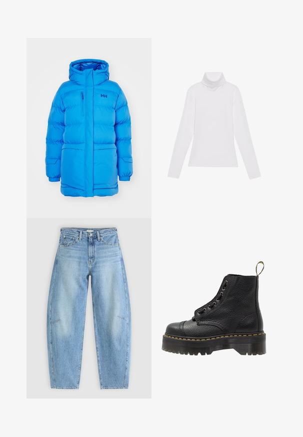Blauwe pufferjack met capuchon, voorzien van een ritszak op de borst, elastische manchetten en een opvallend logo aan de bovenste linkerkant.; Witte lange mouw turtleneck top gemaakt van glad, elastisch materiaal. Voorzien van een hoge kraag en een getailleerd ontwerp, zonder zichtbare patronen of versieringen.; Lichtblauwe denim jeans met een relaxte pasvorm, met een hoge taille, rechte pijpen en subtiele stiksels op de voorzakken.; Zwarte leren enkelboot met een gestructureerd oppervlak, ronde neus, vetersluiting, gele stiksels en een dikke, geribbelde zwarte plateauzool.