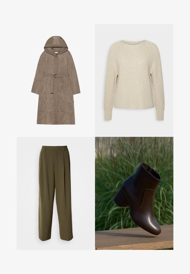 Manteau matelassé en marron clair, avec capuche, taille ceinturée et motif matelassé vertical. Texture lisse et fermeture éclair à l'avant incluses.; Pull en tricot rose clair avec un col rond, des manches raglan et des poignets côtelés. La texture est douce, avec une coupe décontractée et des détails minimaux.; Pantalons à jambes larges vert olive en tissu lisse, dotés d'une taille haute, de plis sur le devant et de poches latérales pour plus de fonctionnalité.; Bottine en cuir marron foncé à talon bloc flottant au-dessus d'une surface en bois, avec un arrière-plan flou d'herbe verte.