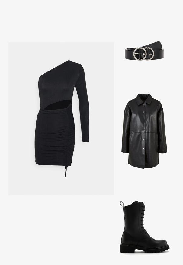 Sort læderjakke med krave, trykknapper, sidelommer og løs pasform med en glat tekstur.; IN THE STYLE RUCHED CUT OUT SLINKY MINI DRESS - Jerseykjole - black; Sort læder ankelstøvle med rund tå, snørebånd foran og en tekstureret gummisål. Har en løkke bagpå til nem påtagning.; Sort læderbælte med to strukturerede sølv runde spænder, sammenrullet og sikret, vist på hvid baggrund.