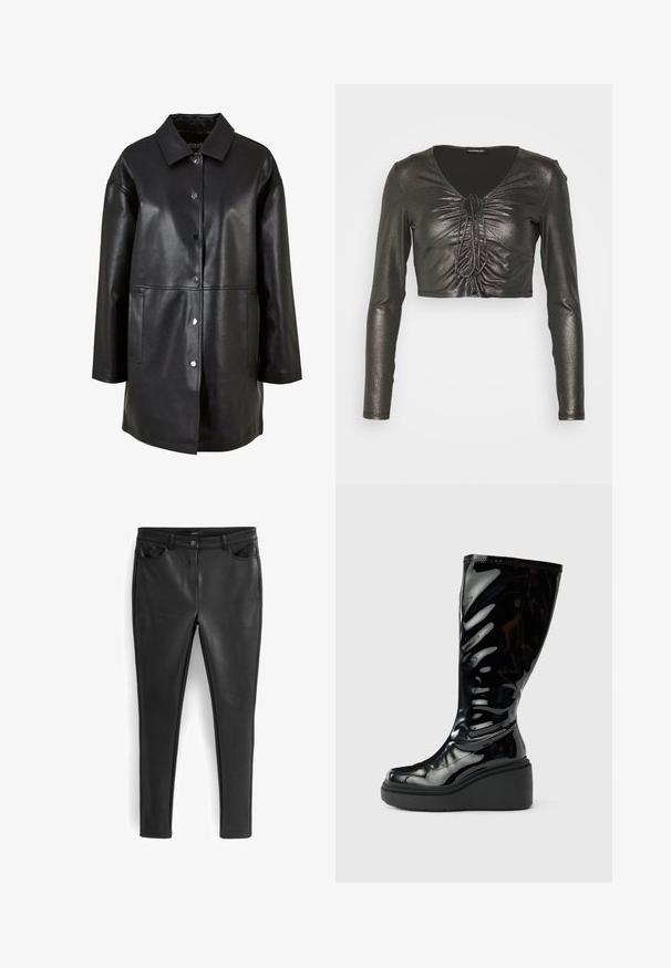 Sort læderjakke med krave, trykknapper, sidelommer og løs pasform med en glat tekstur.; Even&Odd Petite Langærmet T-shirt - black/silver; Sorte faux læderbukser med slim fit, fem lomme-design, knaplukning og glat tekstur. Ingen synlige mønstre eller detaljer.; Sort blank knæhøj støvle med glat tekstur, rund tå og tyk platformsål. Har et diskret bølgedesign på skaftet.