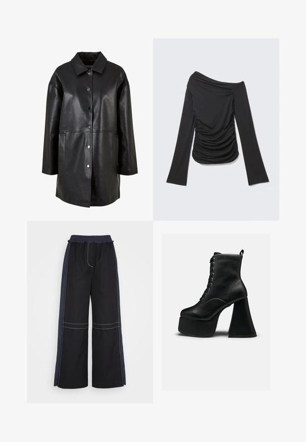 Sort læderjakke med krave, trykknapper, sidelommer og løs pasform med en glat tekstur.; Sort langærmet top med asymmetrisk off-shoulder halsudskæring og rynkede detaljer på siderne og foran.; 3.1 Phillip Lim COMBO UTILITY PANT - Bukser - black eclipse; Sort ankellang støvle med platform, snøring foran og bred blokhæl, glat lædertekstur og trække-flig bagpå.