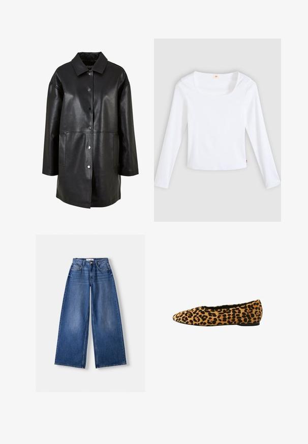 Sort læderjakke med krave, trykknapper, sidelommer og løs pasform med en glat tekstur.; Hvid langærmet t-shirt lavet af ribstrikket stof, med firkantet halsudskæring og tætsiddende design, med en lille logotag i siden.; Bredbenet blå denimjeans med forlommer, bæltestropper og knaplukning, lagt fladt på en lys baggrund.; Flad damesko med brun og sort leopardmønster og rund tå, vist fra siden på en hvid baggrund.