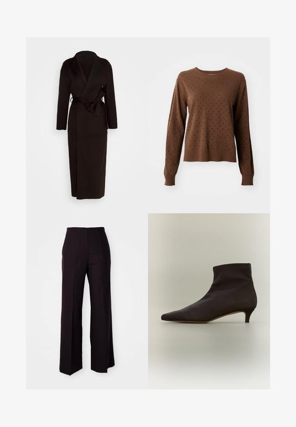 Manteau noir en tissu doux, doté d'un col châle, de manches longues et d'une ceinture à nouer à la taille. Design jusqu'au sol.; Pull en maille marron à manches longues orné de petits rivets noirs et argentés, répartis uniformément sur le devant et les manches.; Pantalons noirs à jambes larges avec une taille haute, présentant une texture lisse et des plis avant subtils, conçus pour un ajustement structuré.; Bottine noire à bout pointu et petit talon kitten sur un fond neutre.