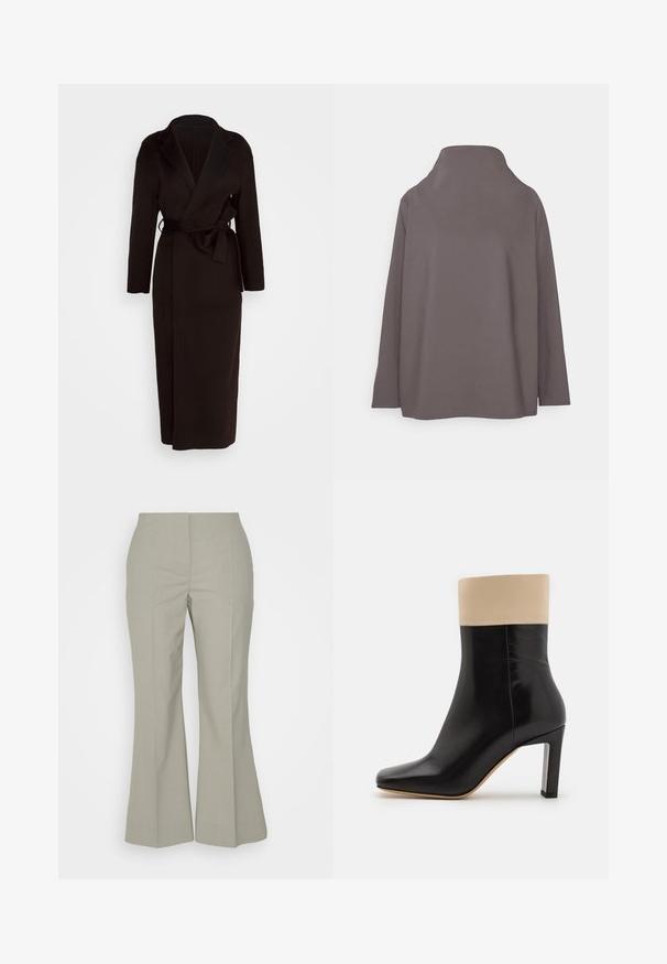 Manteau noir en tissu doux, doté d'un col châle, de manches longues et d'une ceinture à nouer à la taille. Design jusqu'au sol.; Libertine-Libertine DANCER - Blouse - mole grey; Holzweiler WASABI TROUSERS - Pantalon classique - teal; Botte chelsea noire en cuir avec un accent crème en haut, bout pointu et un talon haut avec des accents argentés. Texture lisse sans motifs visibles.
