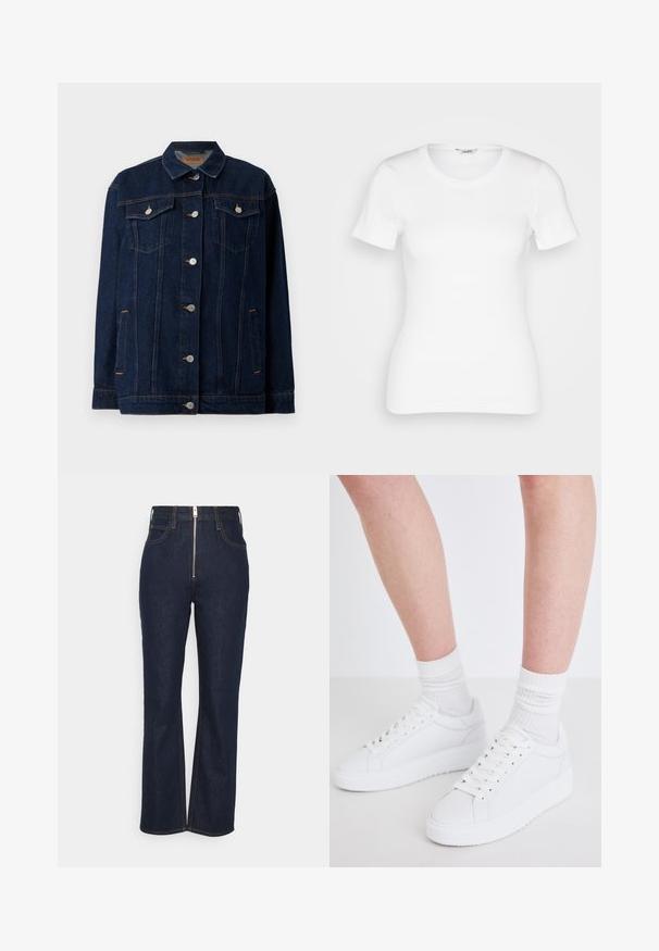Donkerblauwe denimjas met kraag, voor sluiting met knopen, twee borstzakken, zijzakken en contrasterende stikseldetails.; Witte katoenen T-shirt met korte mouwen, ronde halslijn en ribbelstructuur. Strakke pasvorm met een gladde, schone afwerking.; FRAME HIGH EXPOSED ZIP - Straight leg jeans - dark blue; Copenhagen Studios CPH72 - Sneakers laag - white