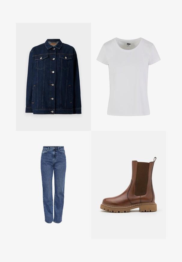 Veste en denim bleu foncé avec col, fermeture à boutons sur le devant, deux poches poitrine, poches latérales et détails de couture contrastants.; T-shirt blanc à manches courtes en coton. Il présente une encolure arrondie et une coupe cintrée. L'étiquette indique "URBAN CLASSICS".; Jean taille haute bleu en denim. Équipé de jambes droites, design à cinq poches et coutures contrastantes. Finition classique et décoloration modérée.; Bottine en cuir marron avec des panneaux élastiques et une languette de tirage. Elle possède une semelle en caoutchouc épaisse et des détails de couture visibles le long des bords.